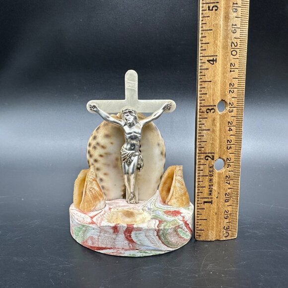 Vintage 1950s Shell Jesus Crucifix Religious Figurine Dish Beach Nautical Kitsch - Picture 10 of 11